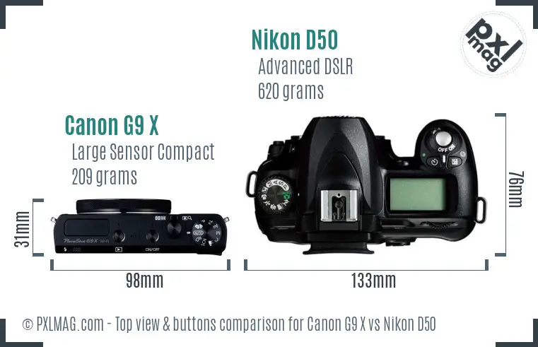 Canon G9 X vs Nikon D50 top view buttons comparison