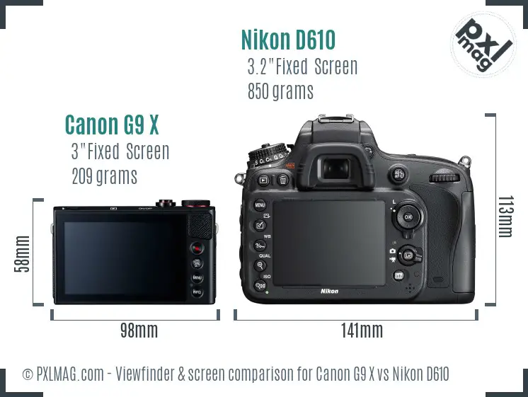 Canon G9 X vs Nikon D610 Screen and Viewfinder comparison