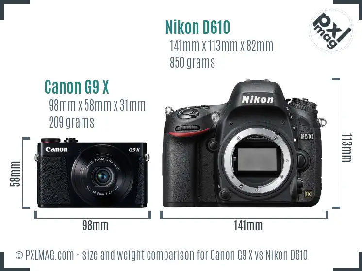 Canon G9 X vs Nikon D610 size comparison