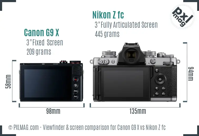 Canon G9 X vs Nikon Z fc Screen and Viewfinder comparison