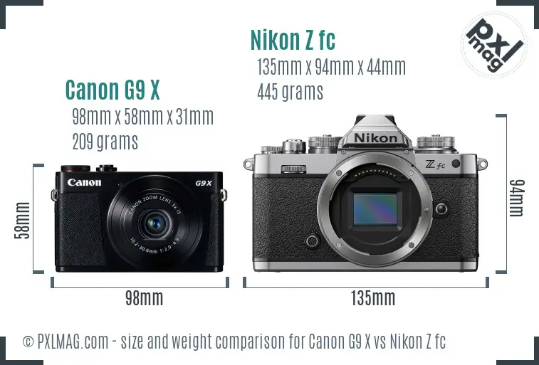 Canon G9 X vs Nikon Z fc size comparison
