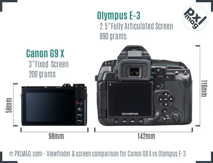 Canon G9 X vs Olympus E-3 Screen and Viewfinder comparison