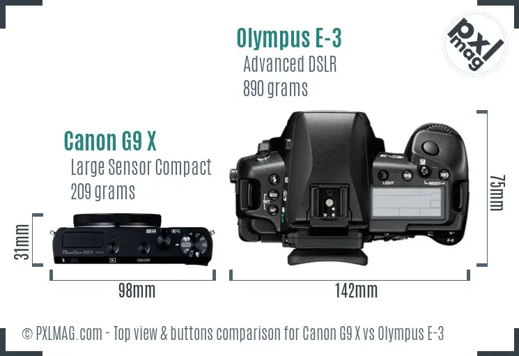 Canon G9 X vs Olympus E-3 top view buttons comparison