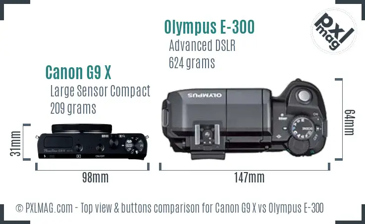 Canon G9 X vs Olympus E-300 top view buttons comparison