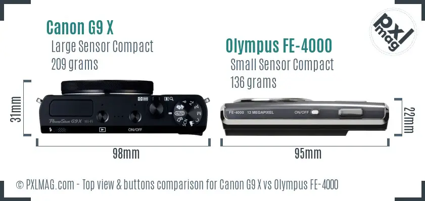 Canon G9 X vs Olympus FE-4000 top view buttons comparison Canon G9 X vs Olympus FE-4000 top view buttons comparison