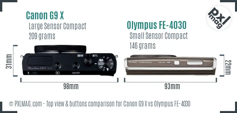 Canon G9 X vs Olympus FE-4030 top view buttons comparison