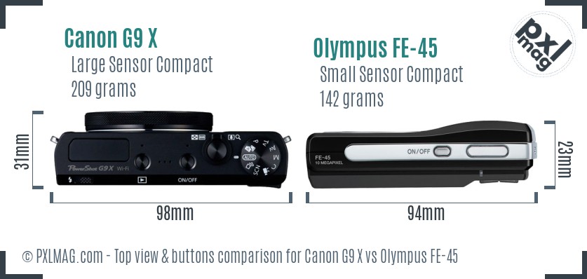 Canon G9 X vs Olympus FE-45 top view buttons comparison