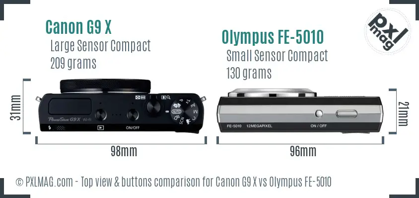 Canon G9 X vs Olympus FE-5010 top view buttons comparison