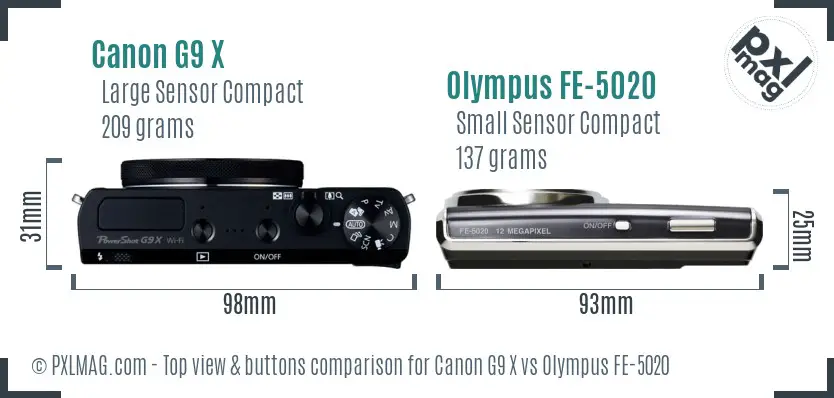 Canon G9 X vs Olympus FE-5020 top view buttons comparison
