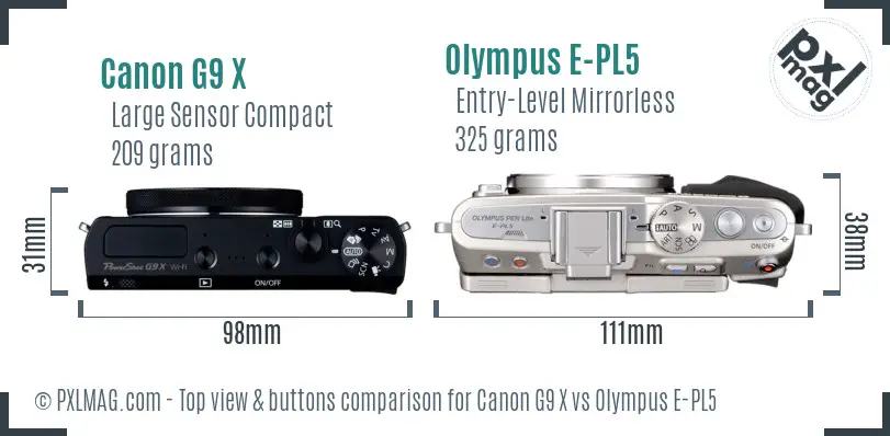 Canon G9 X vs Olympus E-PL5 top view buttons comparison