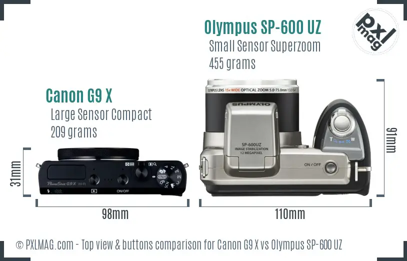 Canon G9 X vs Olympus SP-600 UZ top view buttons comparison