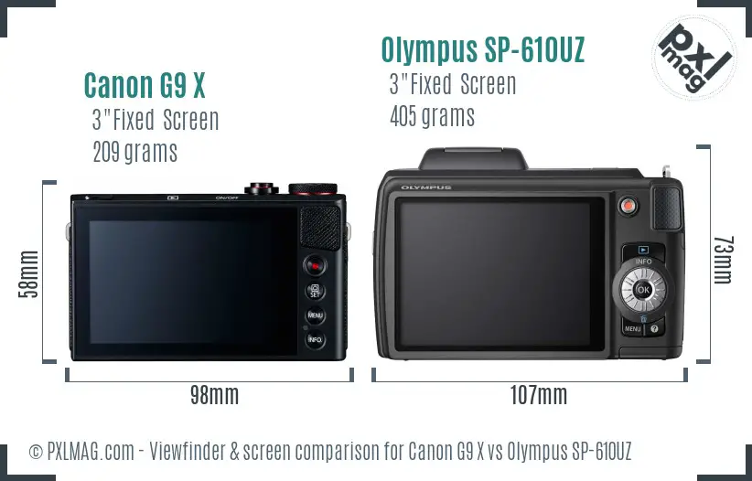 Canon G9 X vs Olympus SP-610UZ Screen and Viewfinder comparison