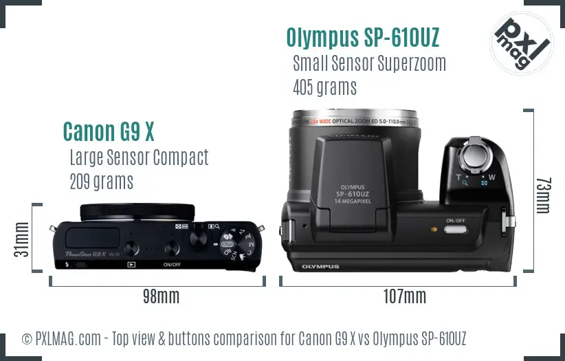 Canon G9 X vs Olympus SP-610UZ top view buttons comparison