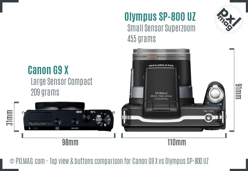 Canon G9 X vs Olympus SP-800 UZ top view buttons comparison
