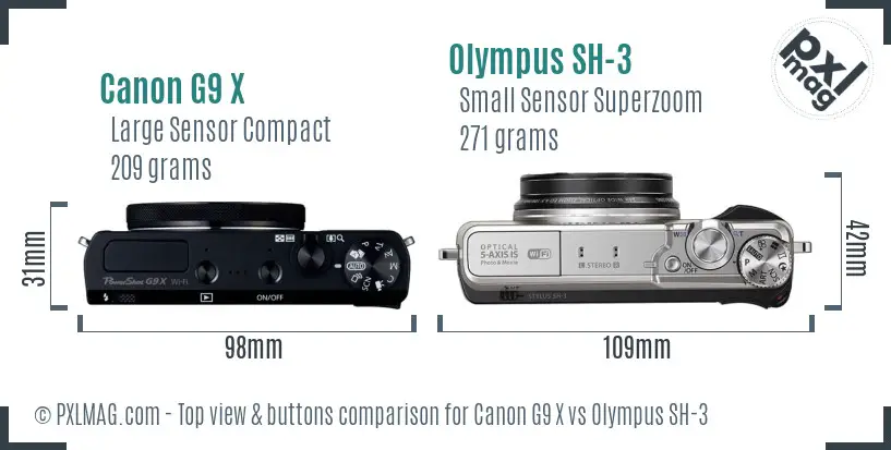 Canon G9 X vs Olympus SH-3 top view buttons comparison