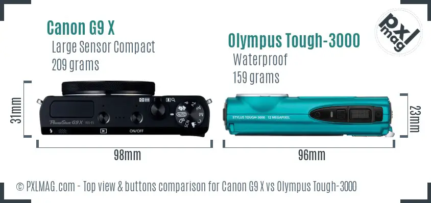 Canon G9 X vs Olympus Tough-3000 top view buttons comparison