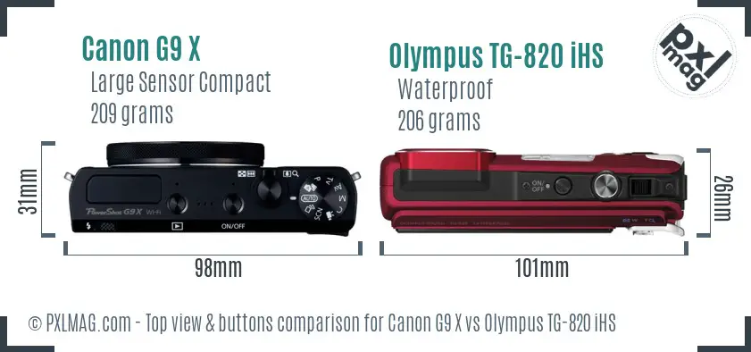 Canon G9 X vs Olympus TG-820 iHS top view buttons comparison