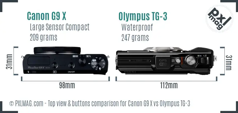 Canon G9 X vs Olympus TG-3 top view buttons comparison