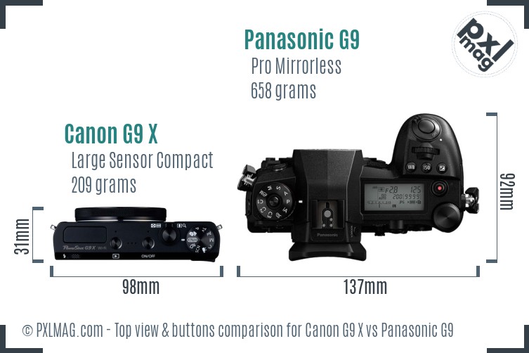 Canon G9 X vs Panasonic G9 top view buttons comparison