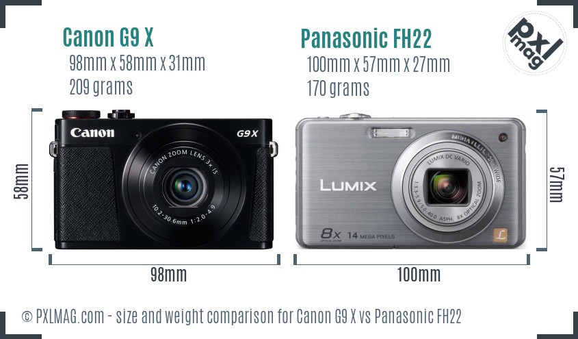 Canon G9 X vs Panasonic FH22 size comparison Canon G9 X vs Panasonic FH22 size comparison