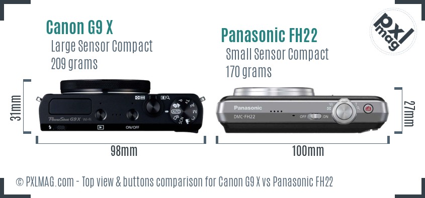 Canon G9 X vs Panasonic FH22 top view buttons comparison