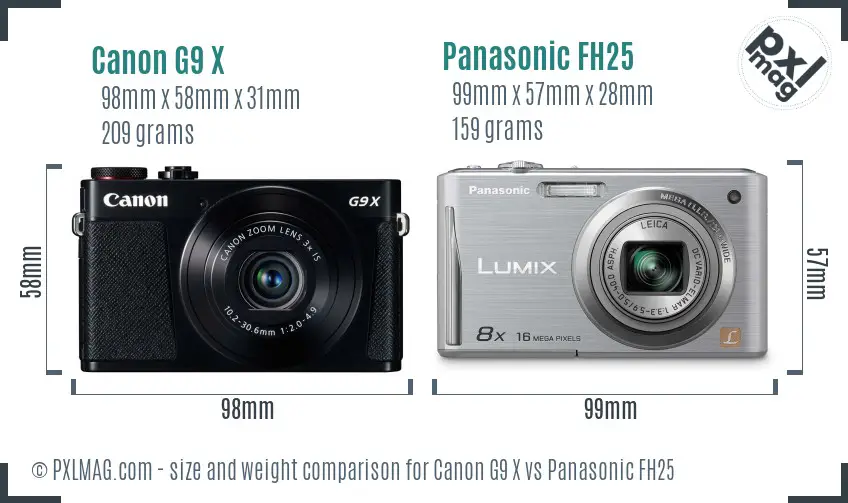 Canon G9 X vs Panasonic FH25 size comparison