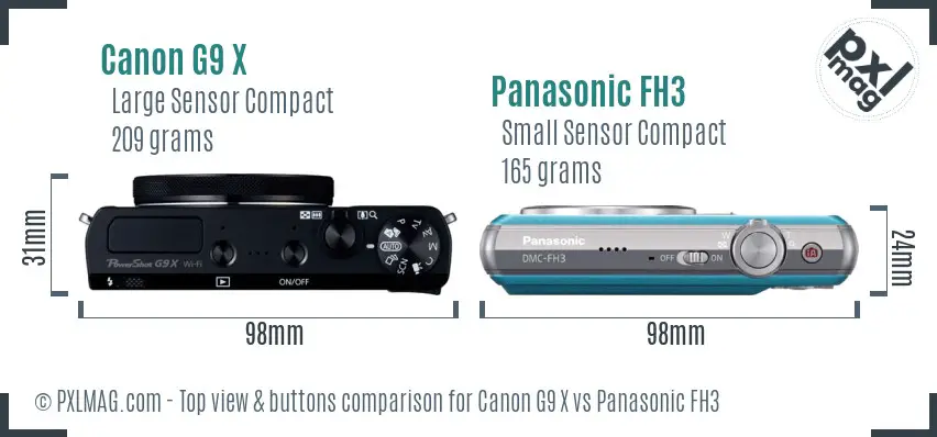 Canon G9 X vs Panasonic FH3 top view buttons comparison