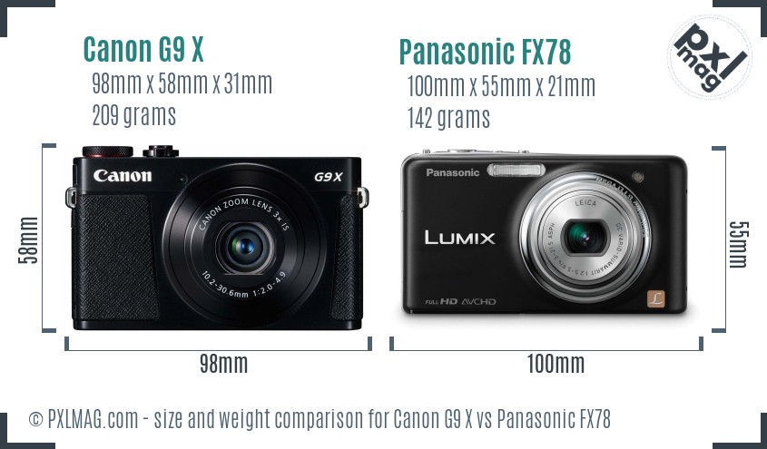Canon G9 X vs Panasonic FX78 size comparison