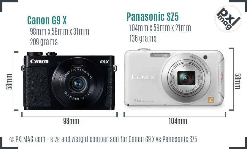 Canon G9 X vs Panasonic SZ5 size comparison