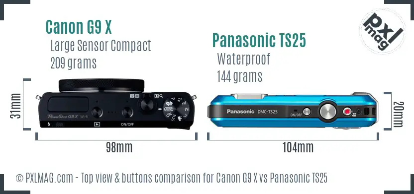 Canon G9 X vs Panasonic TS25 top view buttons comparison Canon G9 X vs Panasonic TS25 top view buttons comparison
