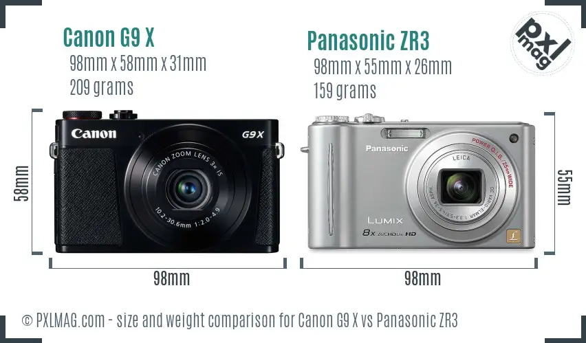 Canon G9 X vs Panasonic ZR3 size comparison