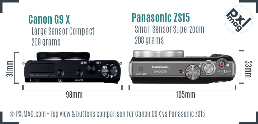 Canon G9 X vs Panasonic ZS15 top view buttons comparison