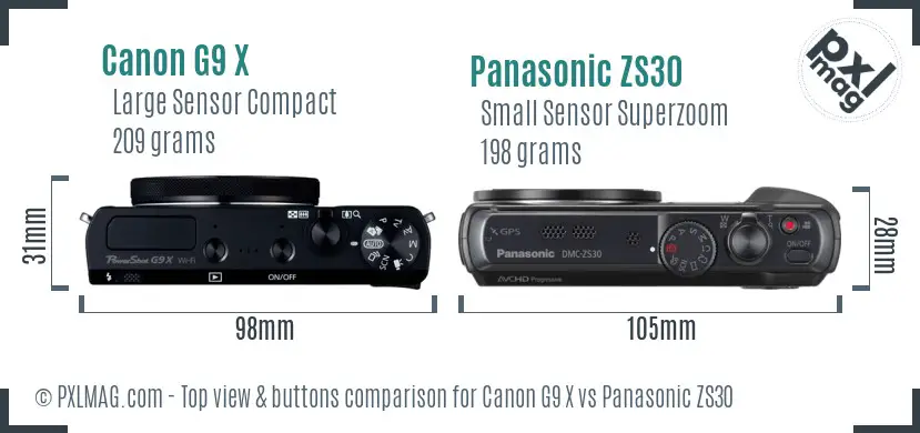 Canon G9 X vs Panasonic ZS30 top view buttons comparison