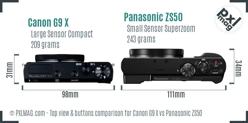 Canon G9 X vs Panasonic ZS50 top view buttons comparison