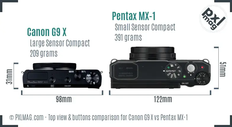 Canon G9 X vs Pentax MX-1 top view buttons comparison