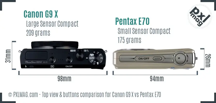 Canon G9 X vs Pentax E70 top view buttons comparison
