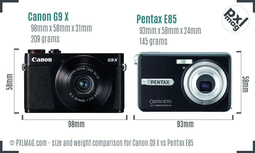 Canon G9 X vs Pentax E85 size comparison