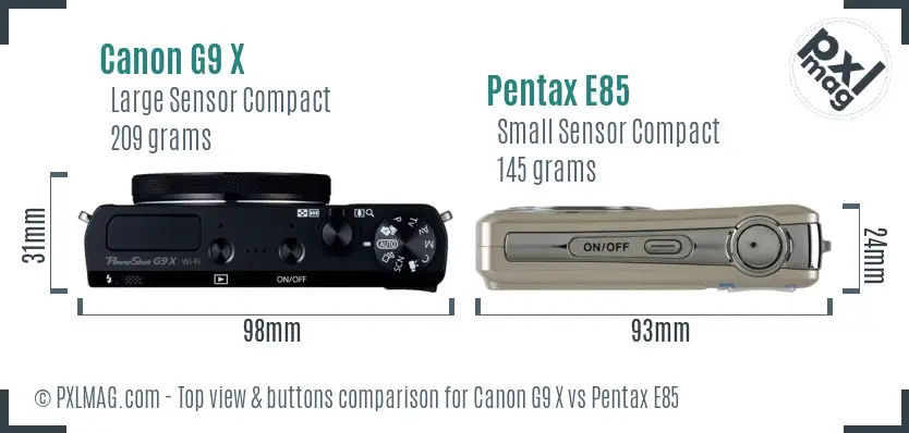 Canon G9 X vs Pentax E85 top view buttons comparison