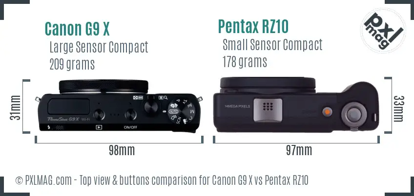 Canon G9 X vs Pentax RZ10 top view buttons comparison