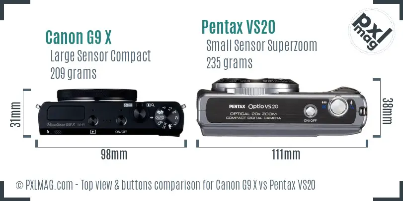 Canon G9 X vs Pentax VS20 top view buttons comparison