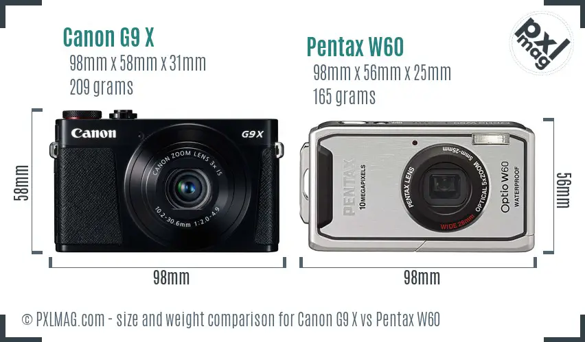 Canon G9 X vs Pentax W60 size comparison Canon G9 X vs Pentax W60 size comparison