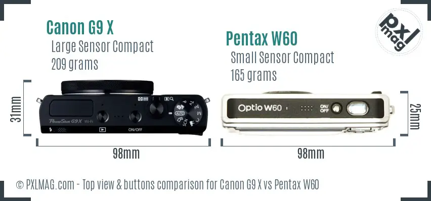 Canon G9 X vs Pentax W60 top view buttons comparison