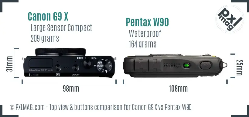 Canon G9 X vs Pentax W90 top view buttons comparison