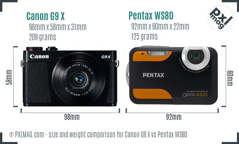 Canon G9 X vs Pentax WS80 size comparison