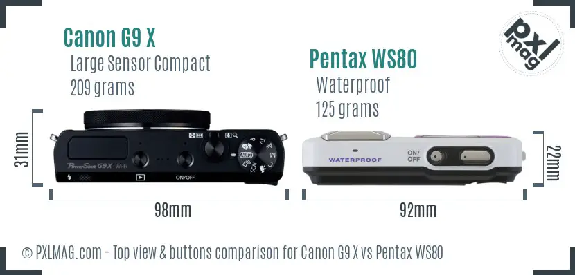 Canon G9 X vs Pentax WS80 top view buttons comparison