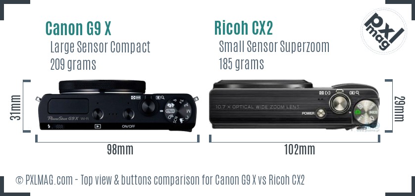 Canon G9 X vs Ricoh CX2 top view buttons comparison