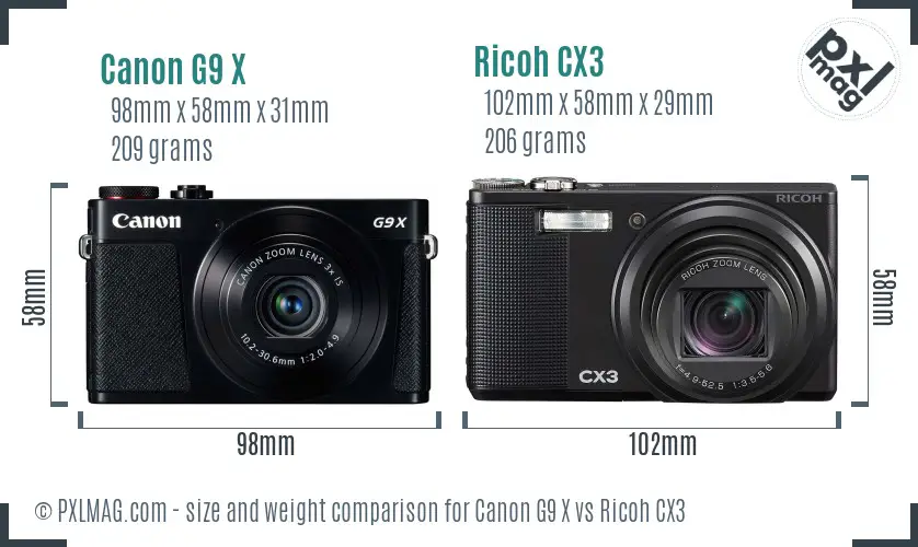 Canon G9 X vs Ricoh CX3 size comparison