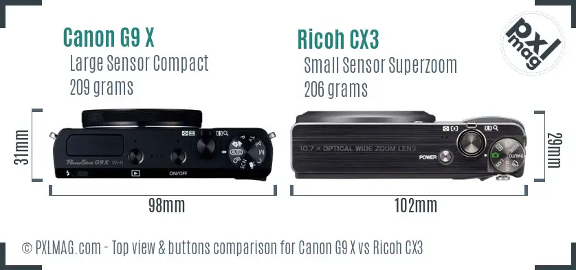 Canon G9 X vs Ricoh CX3 top view buttons comparison