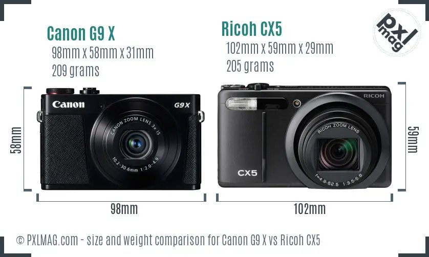 Canon G9 X vs Ricoh CX5 size comparison Canon G9 X vs Ricoh CX5 size comparison