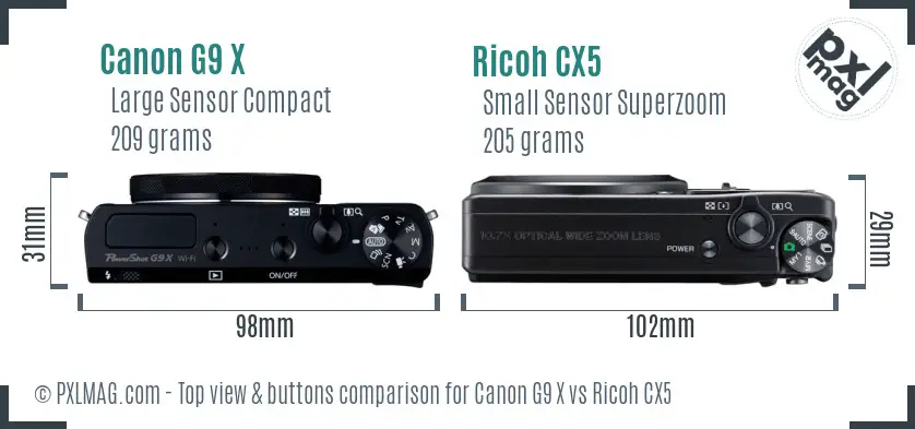 Canon G9 X vs Ricoh CX5 top view buttons comparison Canon G9 X vs Ricoh CX5 top view buttons comparison